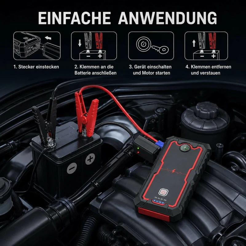 Auto-Starthilfe V1 Pro — 2000A Jump Starter mit Powerbank & LED-Notleuchte