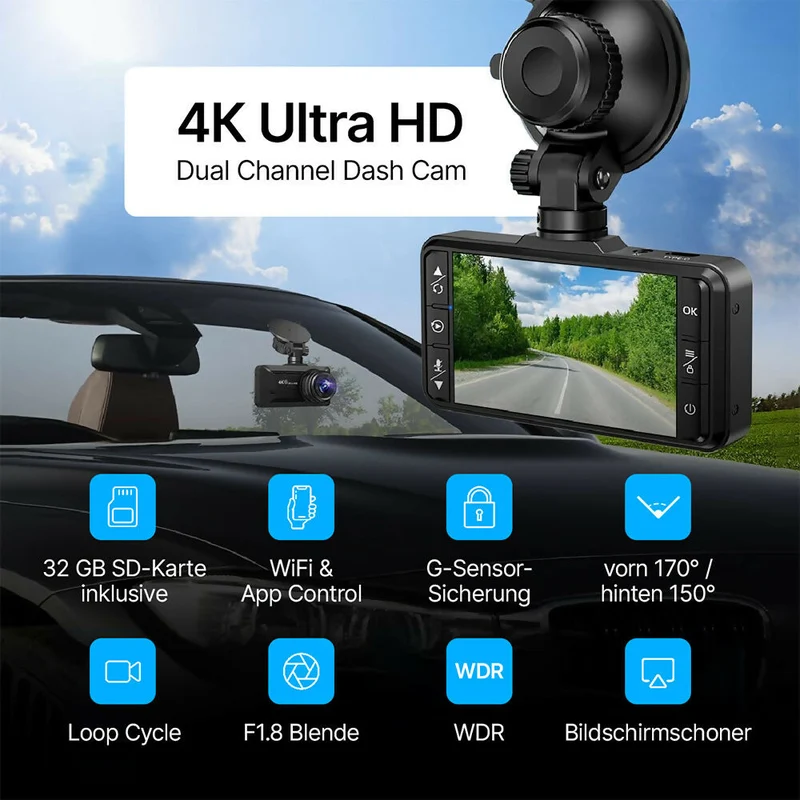 Oryzom 4K Dashcam mit 3,94" Bildschirm / Vorne & hinten / Autokamera mit 170° Weitwinkelansicht / Nachtsicht / Parküberwachung / G-Sensor