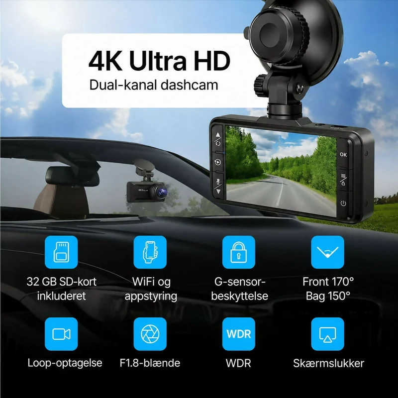 4K Dashcam Pro – Ultra HD-optagelse med front- og bagkamera, nattesyn og 24/7-overvågning