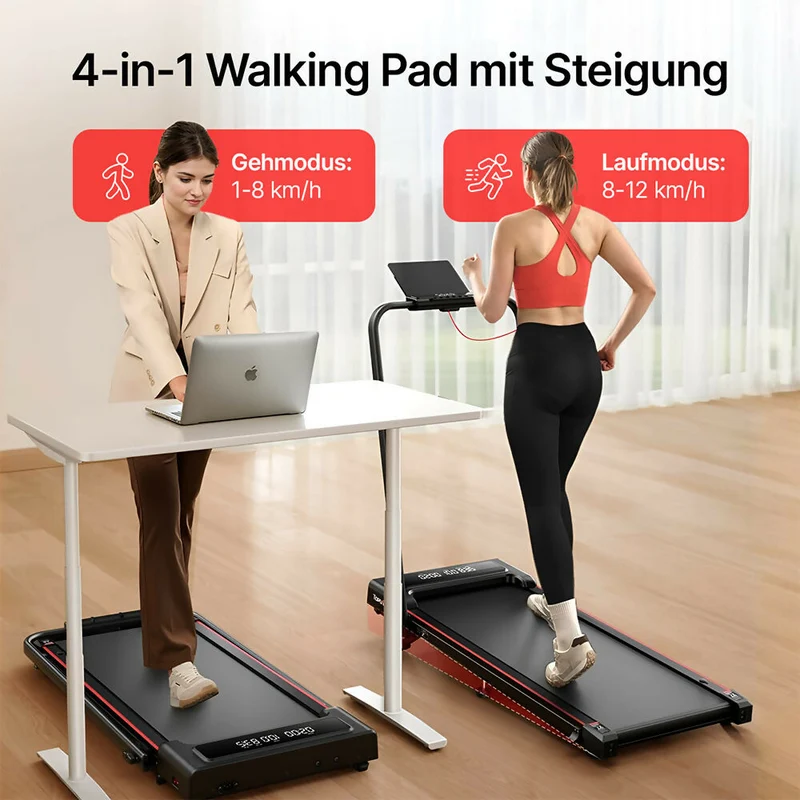 Laufband für Zuhause & Büro mit Steigung / Klappbares Walking Pad bis 12 km/h / Under-Desk-Laufband für Schreibtisch & Homeoffice / 2,5 PS Motor mit App & Fernbedienung