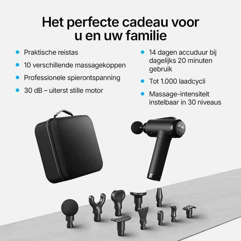 Massagepistool met 30 snelheden / Diepe spiermassage tot 3.600 t/min / 10 massagekoppen voor nek, rug & lichaam / Met LCD-touchscreen