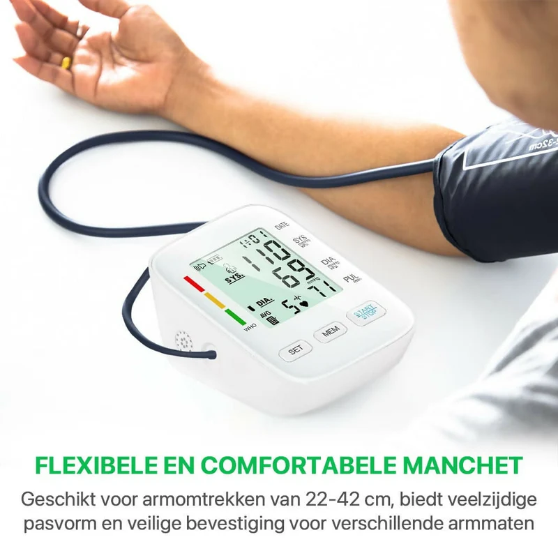 Volautomatische bovenarm-bloeddrukmeter met digitaal display / Met comfortabele manchet en geheugenfunctie / Bloeddruk- en hartslagmeting
