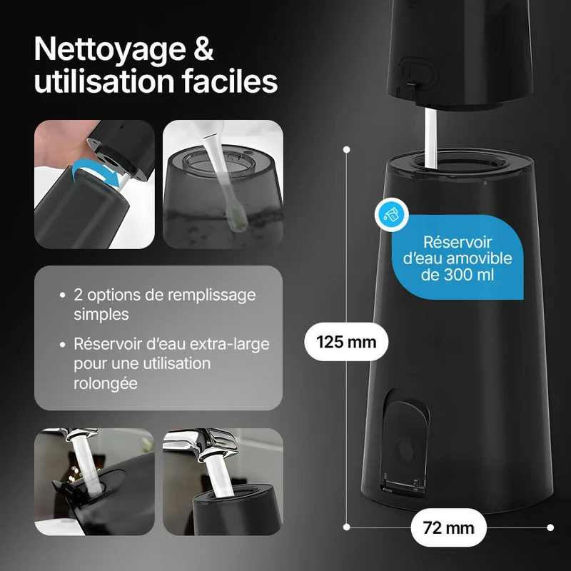 Hydropulseur sans fil pour un soin dentaire & buccal optimal / 5 modes & 4 embouts / Réservoir de 300 ml / Étanchéité IPX7 / Jet dentaire pour gencives