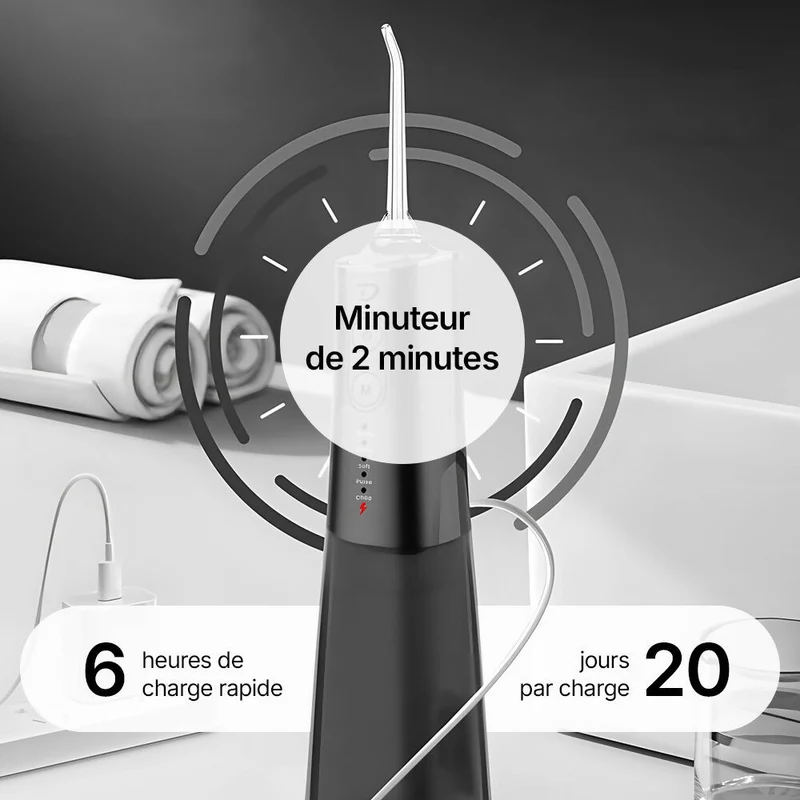 Hydropulseur sans fil pour un soin dentaire & buccal optimal / 5 modes & 4 embouts / Réservoir de 300 ml / Étanchéité IPX7 / Jet dentaire pour gencives