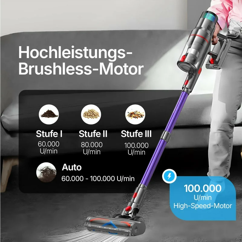 Ultra-starker Akku-Staubsauger mit automatischer Stauberkennung / Bis zu 60 Minuten Laufzeit / Beutelloser Staubsauger für Teppiche, Hartböden & Tierhaare / 480 W