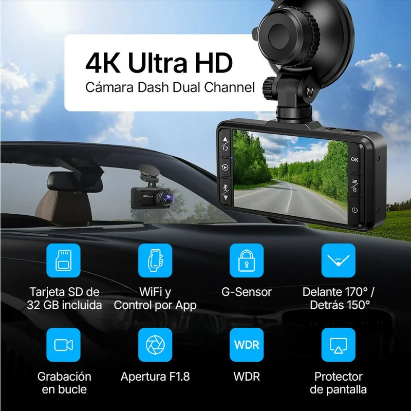 4K Dashcam Pro: grabación en Ultra HD con cámaras delantera y trasera, visión nocturna y vigilancia 24 horas