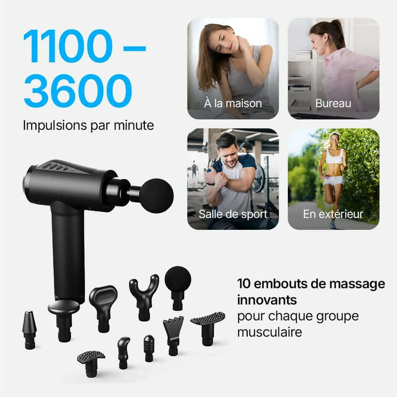 Pistolet de massage V1 Pro – Technologie profonde à 3 600 impulsions/min, 30 niveaux réglables et 10 embouts pro pour un soulagement musculaire complet