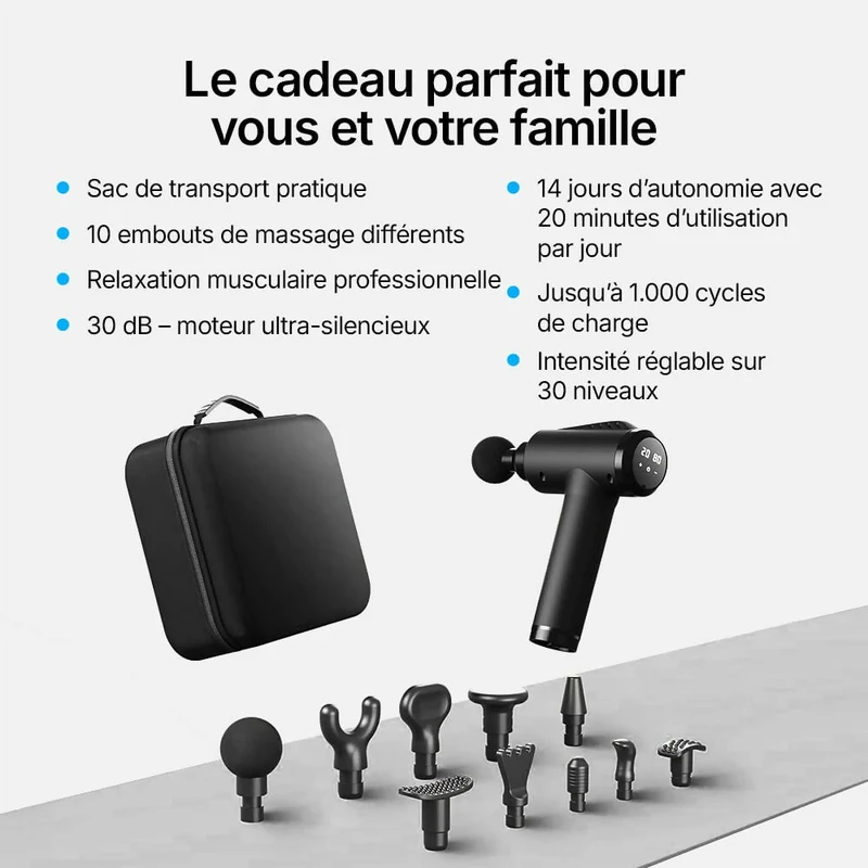 Pistolet de massage V1 Pro – Technologie profonde à 3 600 impulsions/min, 30 niveaux réglables et 10 embouts pro pour un soulagement musculaire complet