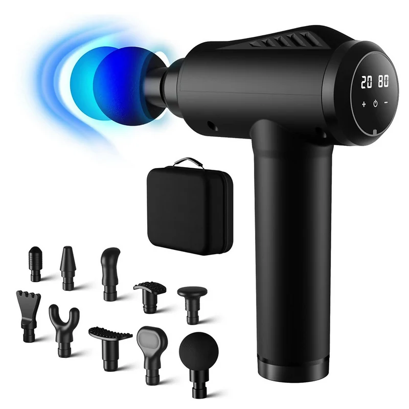 Massagepistool met 30 snelheden / Diepe spiermassage tot 3.600 impulsen/min / 10 massagekoppen voor nek, rug & lichaam / Met LCD-touchscreen