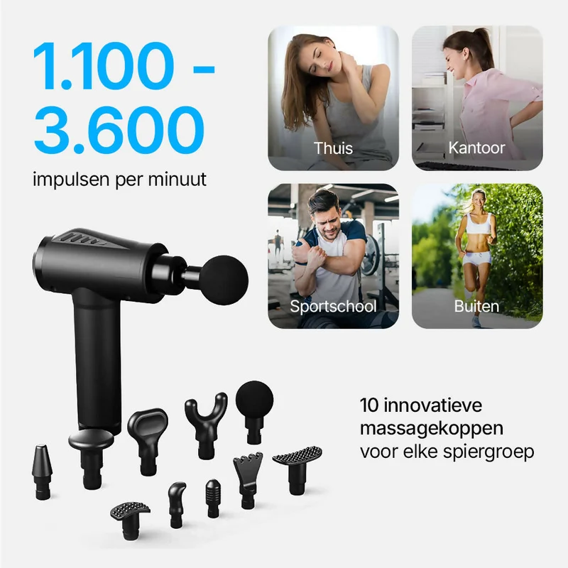 Massagepistool met 30 snelheden / Diepe spiermassage tot 3.600 impulsen/min / 10 massagekoppen voor nek, rug & lichaam / Met LCD-touchscreen