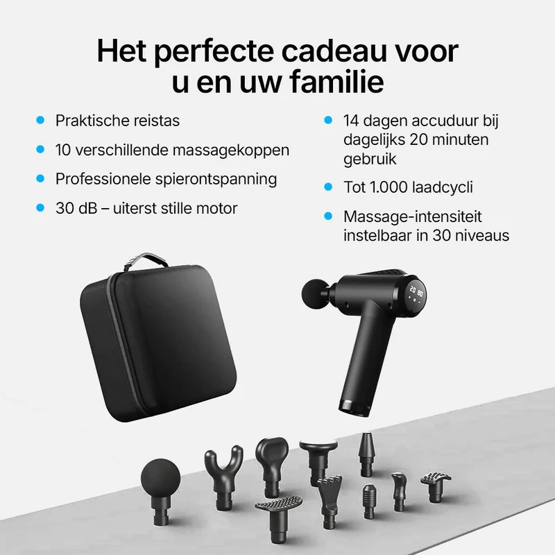 Massagepistool met 30 snelheden / Diepe spiermassage tot 3.600 impulsen/min / 10 massagekoppen voor nek, rug & lichaam / Met LCD-touchscreen
