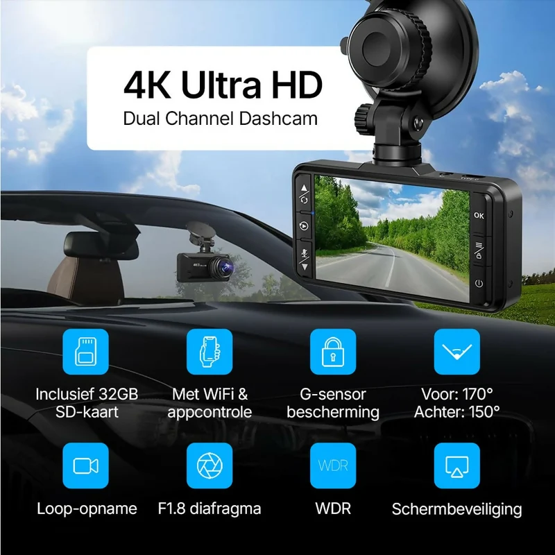 4K Dashcam met 3,94" scherm / Voor & achter / Autocamera met 170° groothoeklens / Nachtzicht / Parkeerbewaking / G-sensor