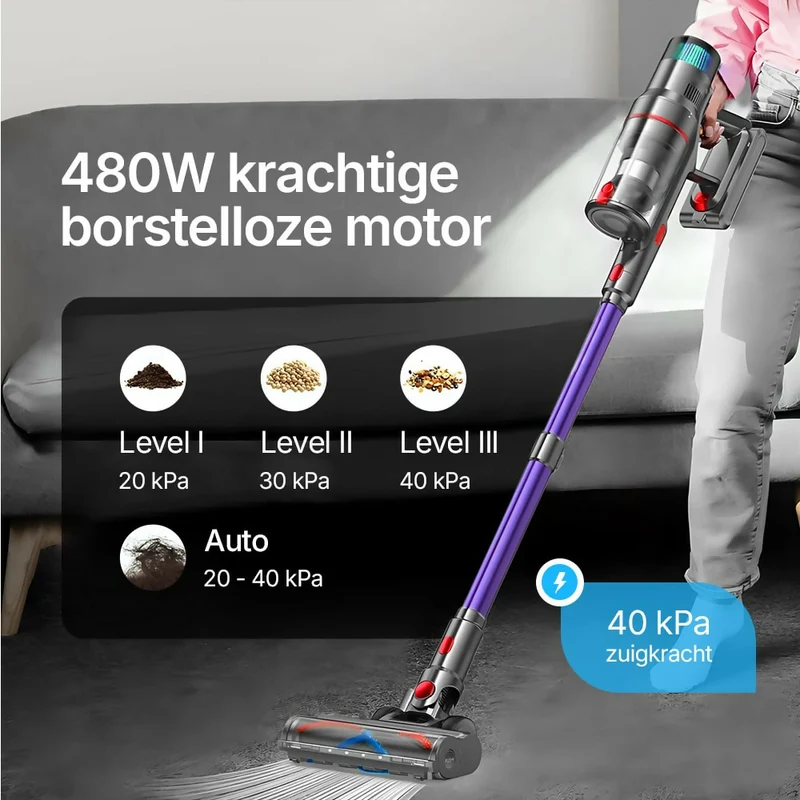 Krachtige steelstofzuiger met automatische stofherkenning / Tot 60 minuten gebruiksduur / Zakloze stofzuiger voor tapijt, harde vloeren en dierenharen / 480W