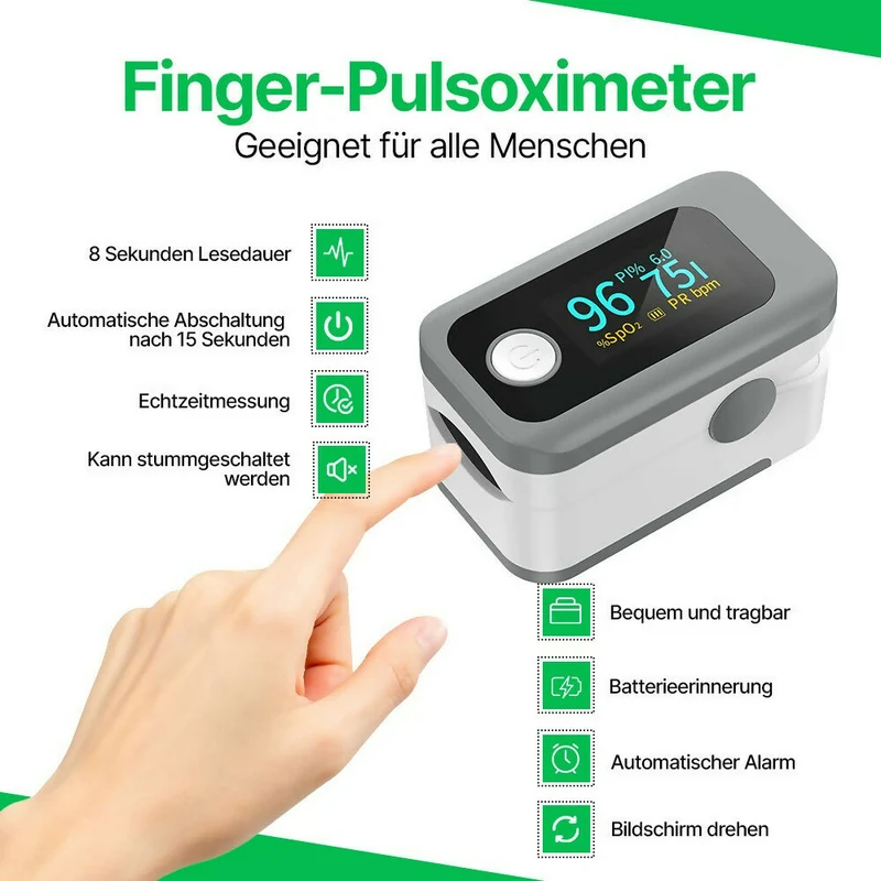 Professionelles Pulsoximeter / Blutsauerstoffmessgerät / Mit LED-Anzeige / Fortschrittliche Technologie für alle Altersgruppen / Pulsmessung, Sauerstoffsättigung und Perfusionsindex