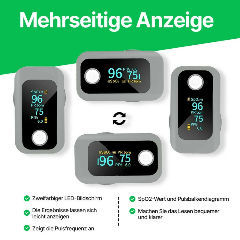 Professionelles Pulsoximeter / Blutsauerstoffmessgerät / Mit LED-Anzeige / Fortschrittliche Technologie für alle Altersgruppen / Pulsmessung, Sauerstoffsättigung und Perfusionsindex