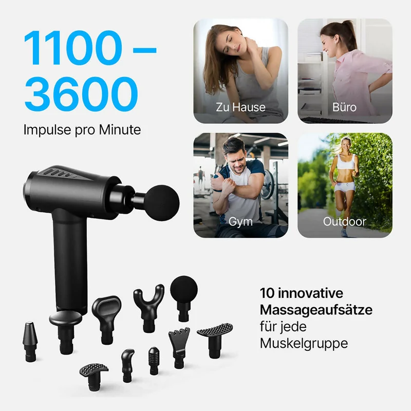 Massagepistole mit 30 Geschwindigkeiten / Massage Gun für tiefe Muskelmassage mit bis zu 3600 Impulsen/min / 10 Aufsätze für Nacken, Rücken & Körper / Mit LCD-Touchscreen