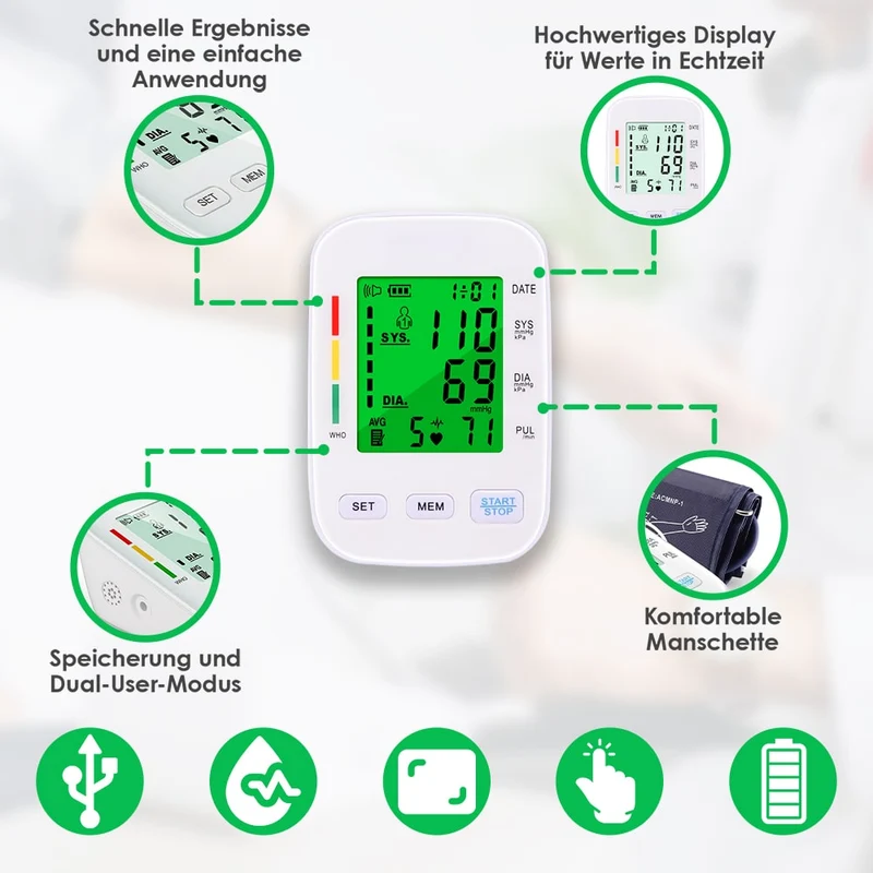 Blutdruckmessgerät V8 Pro – Vollautomatische Messung mit klinisch getesteter Genauigkeit, komfortabler Manschette und Arrhythmie-Erkennung für präzise Ergebnisse