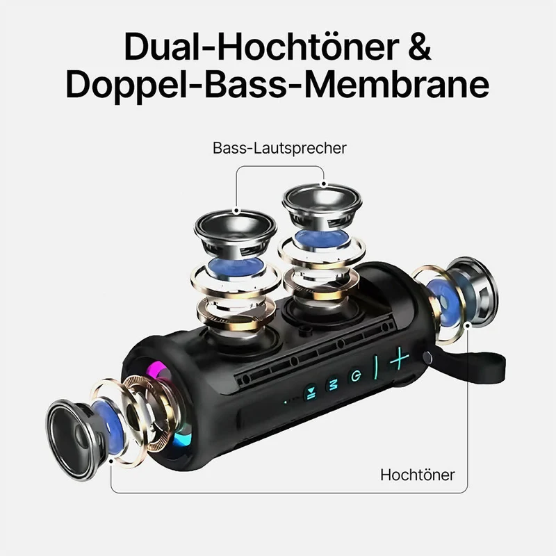 Kraftvoller Bluetooth Lautsprecher mit HD-Sound / LED Lichtern / IPX6 wasserdicht / Bluetooth 5.1 & Multipairing-Funktion / 20 W Dual-Lautsprecher-Subwoofer