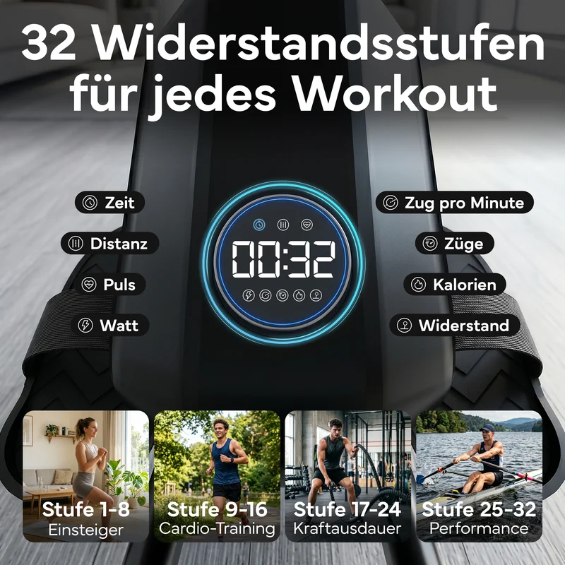 Rudergerät – Rudermaschine mit 32 Widerstandsstufen
