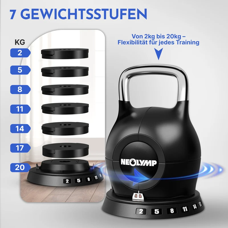 Kettlebell mit verstellbarem Gewicht (7 in 1) - bis 10 kg oder 20 kg