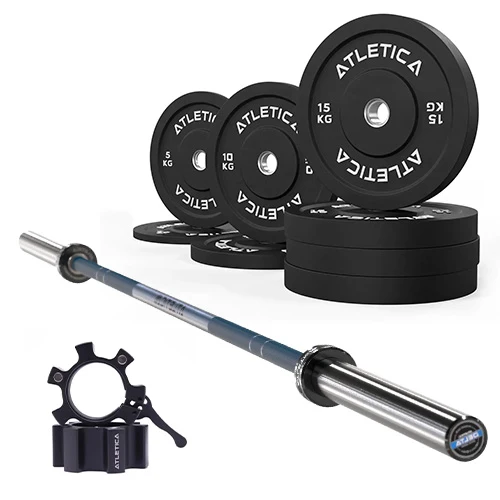 Langhantel SET Delta Dark Blue | 90kg Bumper Plates Schwarz | Alu Verschlüsse
