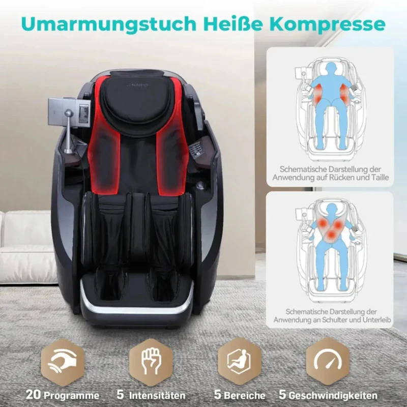 NAIPO S61 4D Massagesessel – S+L-Schiene 130 cm, 20 Programme, 40 Luftkissen