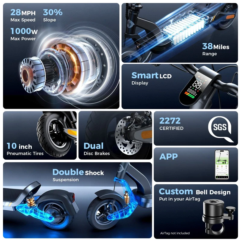 S-Nova Pro Electric Scooter, 1000W Motor, 48V 13Ah Battery, 10 Inch Tires, 45km/h Max Speed, 60km Range, Double Disc Brakes