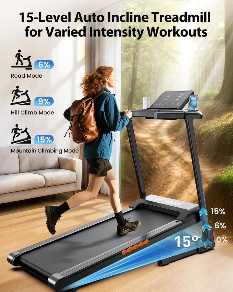 JT61 Home Treadmill Auto Incline+, 1-15% Electric Incline, 13,5 km/h, Foldable, CE Certified
