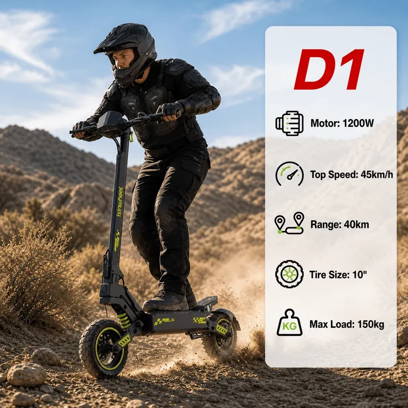 D2 Electric Scooter, 1000W Motor, 48V 15,6Ah Battery, 10 Inch Tires, 45km/h Max Speed, 55km Range, Double Disc Brakes, Dual Suspension