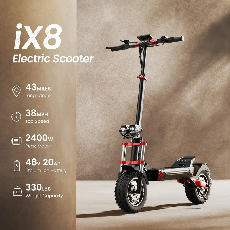 IX8 Electric Scooter, 2*1200W Motor, 48V 20Ah Battery, 12 Inch Tires, 60km/h Max Speed, 70km Range, Double Disc Brakes, Dual Suspension