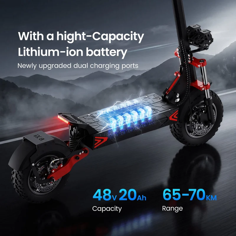IX8 Electric Scooter, 2*1200W Motor, 48V 20Ah Battery, 12 Inch Tires, 60km/h Max Speed, 70km Range, Double Disc Brakes, Dual Suspension