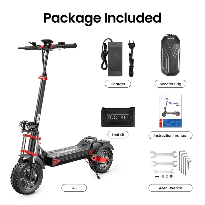 IX8 Electric Scooter, 2*1200W Motor, 48V 20Ah Battery, 12 Inch Tires, 60km/h Max Speed, 70km Range, Double Disc Brakes, Dual Suspension