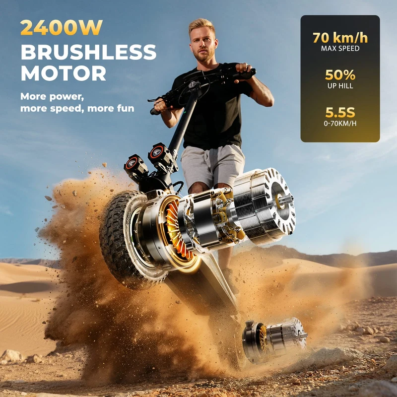 GT4 Electric Scooter, 2*1200W Motor, 52V 12,8Ah Battery, 12 Inch Tires, 70km/h Max Speed, 80km Range, Double Disc Brakes, Dual Swingarm Suspension