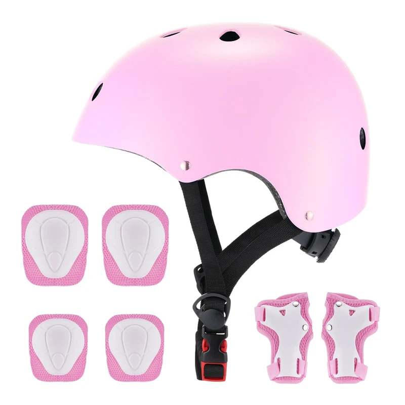 Kids Cycling Helmet Set Skateboard Knee Pads Wrist Guards Pink