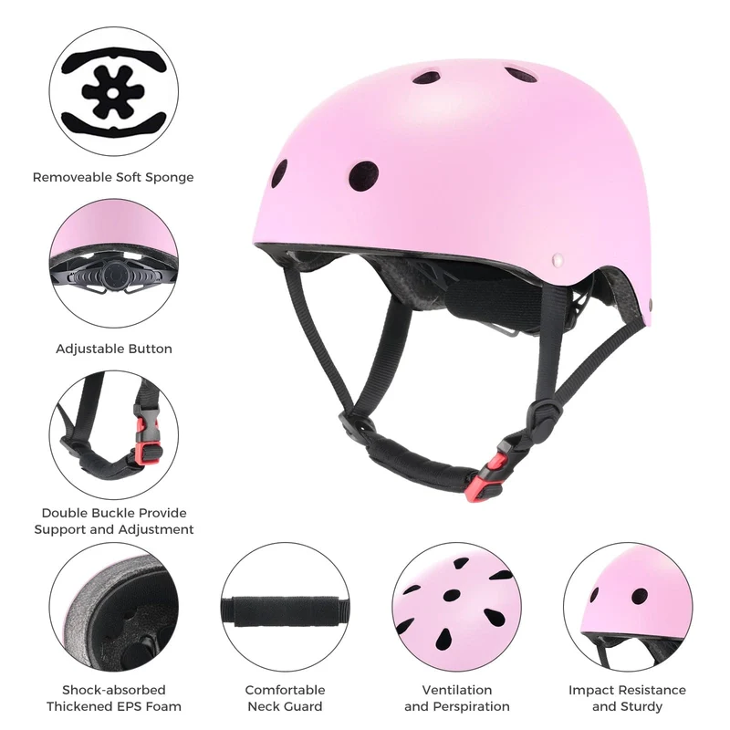 Kids Cycling Helmet Set Skateboard Knee Pads Wrist Guards Pink