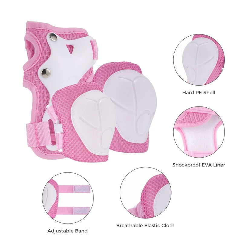 Kids Cycling Helmet Set Skateboard Knee Pads Wrist Guards Pink