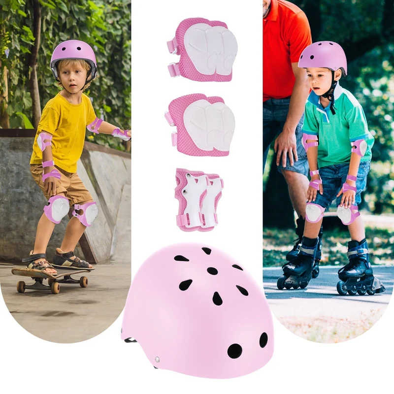 Kids Cycling Helmet Set Skateboard Knee Pads Wrist Guards Pink
