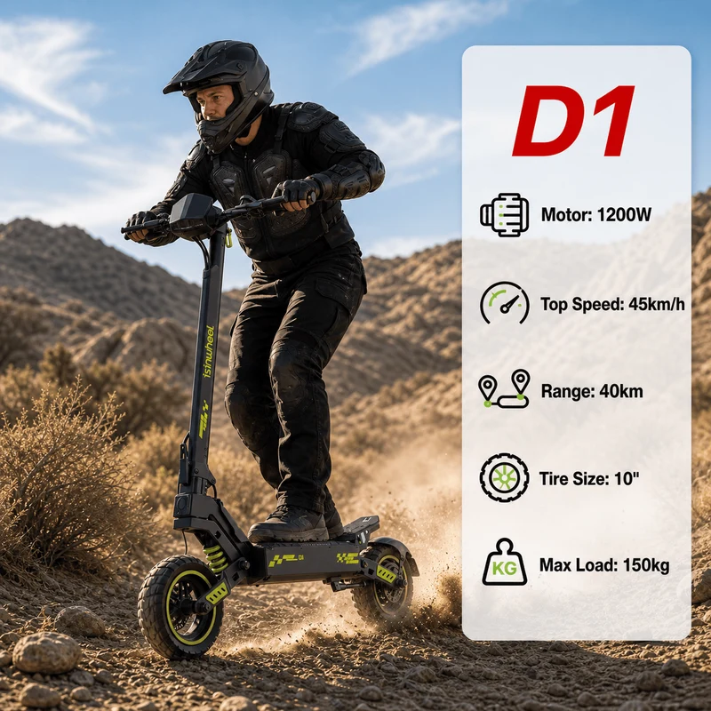 D1 Electric Scooter, 1200W Motor, 48V 10Ah Battery, 10 Inch Tires, 45km/h Max Speed, 40km Range, Double Disc Brakes