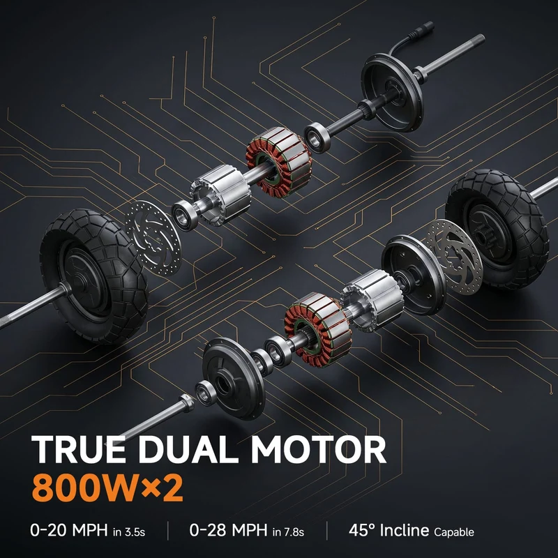 GT1 Dual Electric Scooter, 800W*2 Motor, 48V 13Ah Battery, 10 Inch Tires, 50km/h Max Speed, 55km Range, EABS Brake + Disk Brake, Dual Swing Arm Suspension