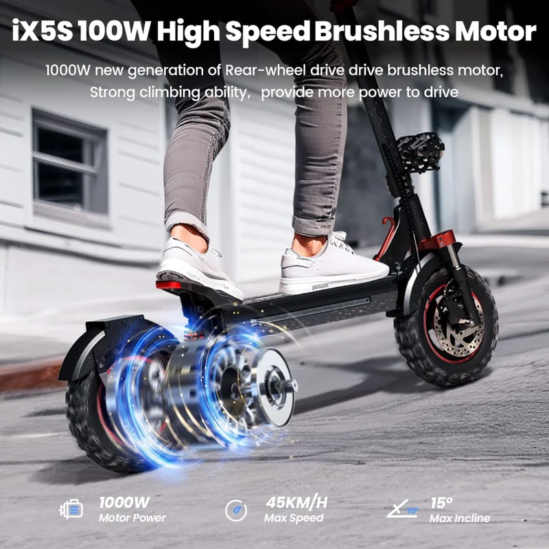 IX5S Electric Scooter, 1000W Motor, 48V 15Ah Battery, 11 Inch Tires, 45km/h Max Speed, 65km Range, Front & Rear Disc Brake, Front & Rear Suspension