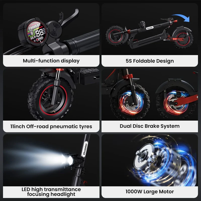 IX5S Electric Scooter, 1000W Motor, 48V 15Ah Battery, 11 Inch Tires, 45km/h Max Speed, 65km Range, Front & Rear Disc Brake, Front & Rear Suspension