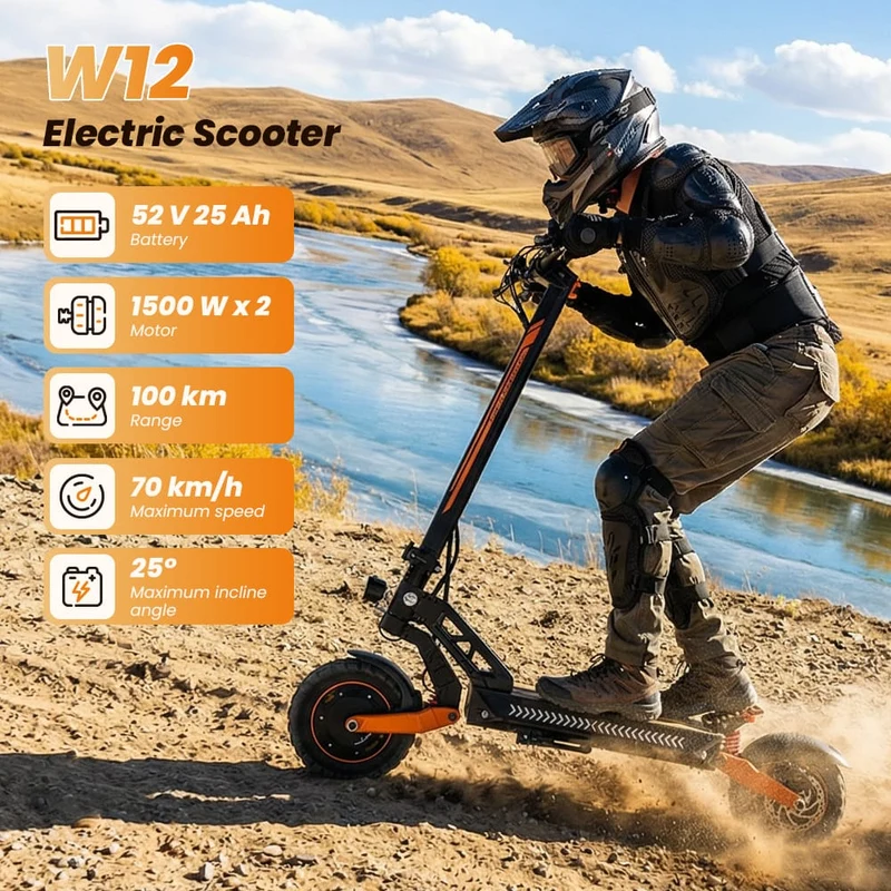 W12 Electric Scooter, 2*1500W Motor, 52V 25Ah Battery, 11 inch Tires, 70km/h Max Speed, 100km Range, Front & Rear Disc Brakes, Sleeve shock absorbers