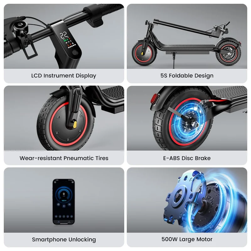 W6 Electric Scooter, 500W Motor, 42V 10,5Ah Battery, 10 inch Tires, 30km/h Max Speed, 37km Range, Rear Disc Brakes