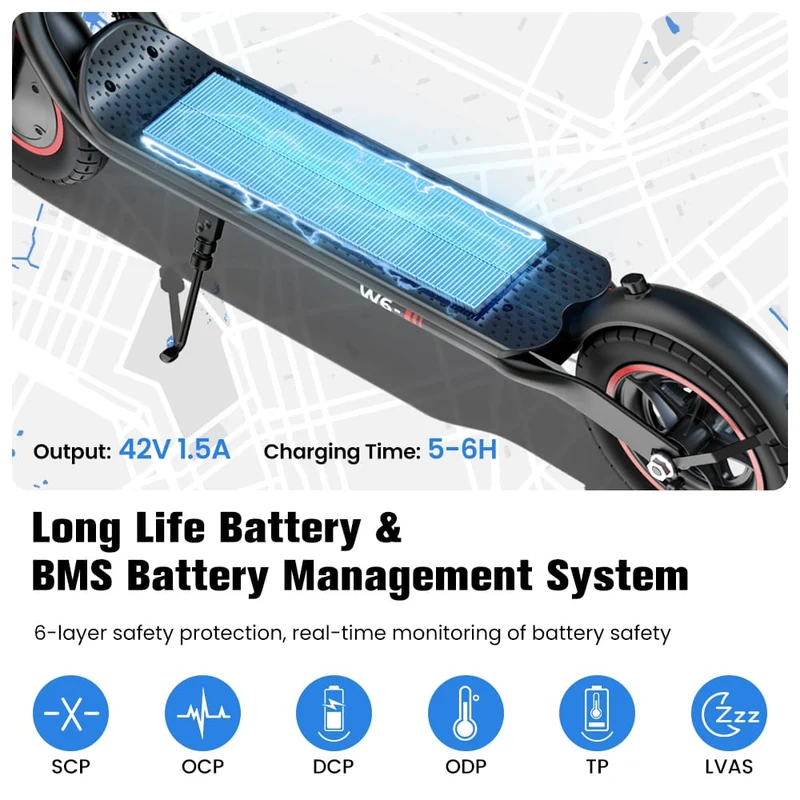 W6 Electric Scooter, 500W Motor, 42V 10,5Ah Battery, 10 inch Tires, 30km/h Max Speed, 37km Range, Rear Disc Brakes