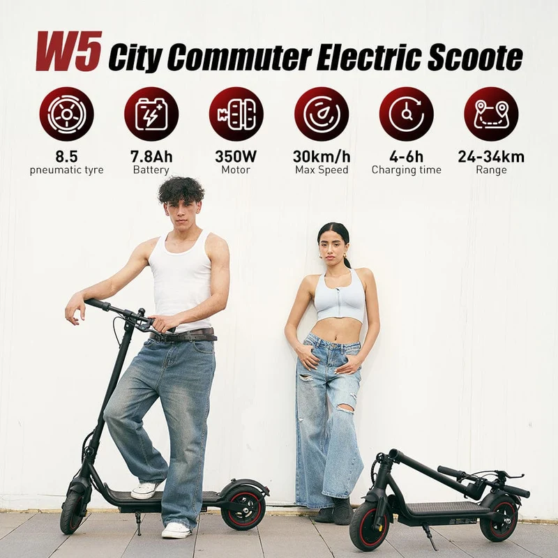 W5 Electric Scooter, 350W Motor, 36V 7,8Ah Battery, 8,5 Inch Tires, 30km/h Max Speed, 34km Range, Rear Hub Brakes