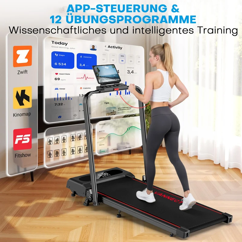 VANNECT Walking Pad klappbar 1-12 km/h mit 9% Steigung, LCD-Display & Fernbedienung, ultra-leise für Zuhause