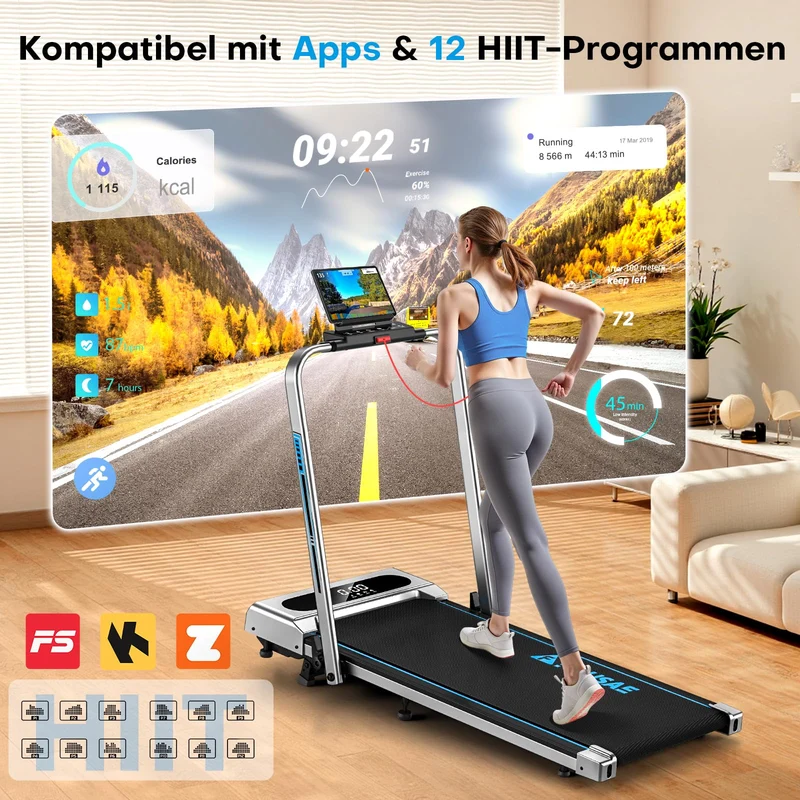FOUSAE Laufband klappbar mit 9% Steigung, 2.75HP Walking Pad für Zuhause, bis 160 kg, App-kompatibel