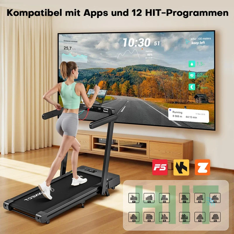 Laufband für Zuhause klappbar mit 12% Steigung, Walking Pad 1-14 km/h, App-Steuerung, 3,0 HP Motor