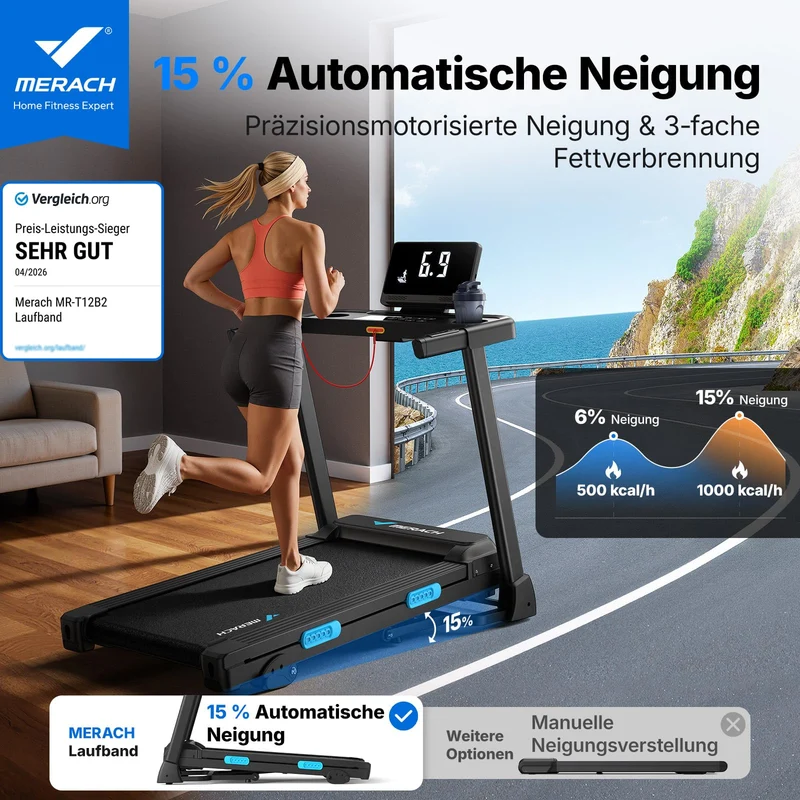 Laufband klappbar mit 15% Steigung, 2.5PS elektrisch, 0.8-12km/h, LED Display, bis 136kg