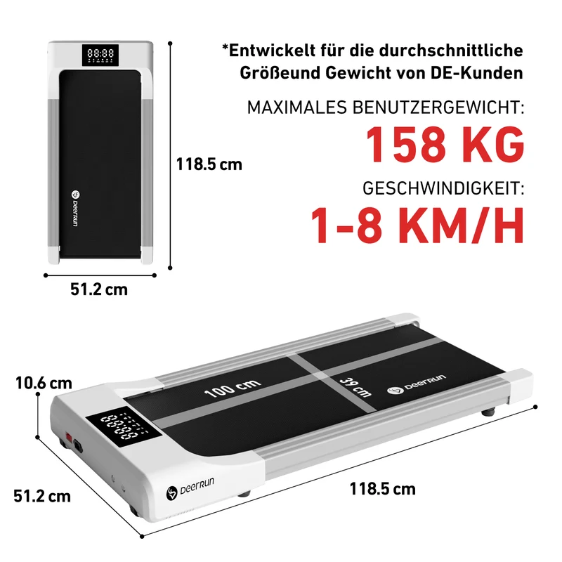 DeerRun Q1 Classic Pro Smartes Walking-Pad mit 158 kg Tragfähigkeit- 1-8 km/h